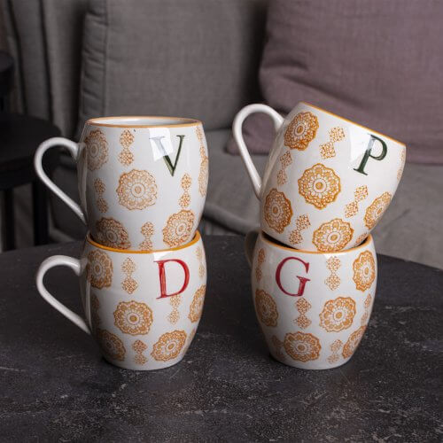 4er Patchwork Mug-Set, Patchwork Buchstaben Tassen