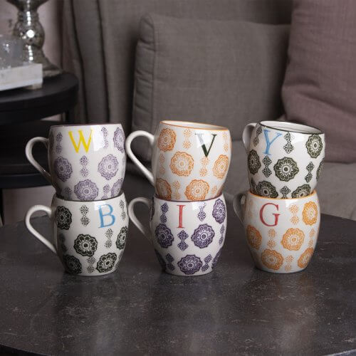 6er Patchwork Mug-Set, Patchwork Buchstaben Tassen