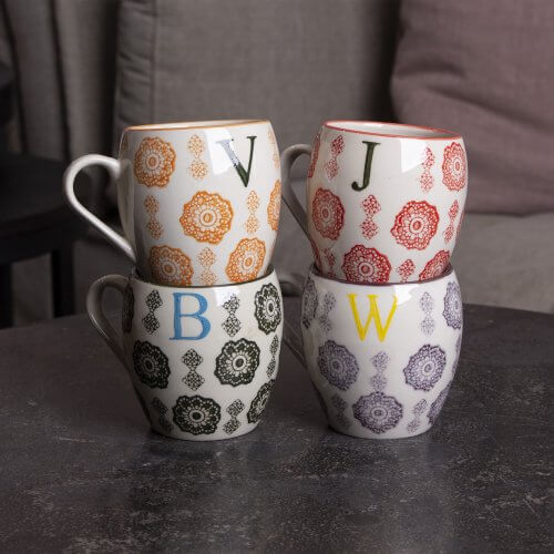 4er Patchwork Mug-Set, Patchwork Buchstaben Tassen